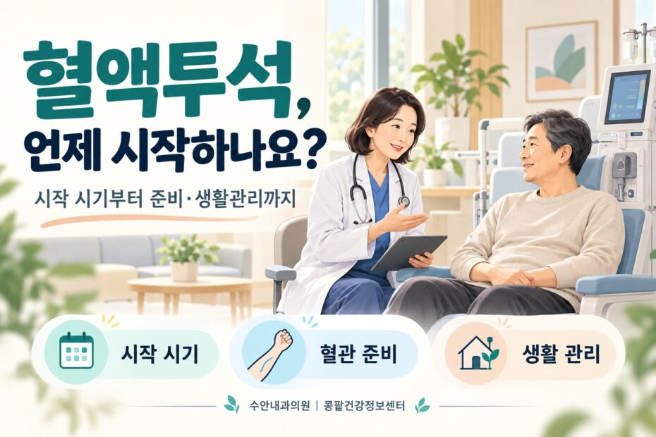 혈액투석 언제 시작하나요? 시작 시기, 혈관 준비, 생활관리를 설명하는 수안내과의원 안내 이미지